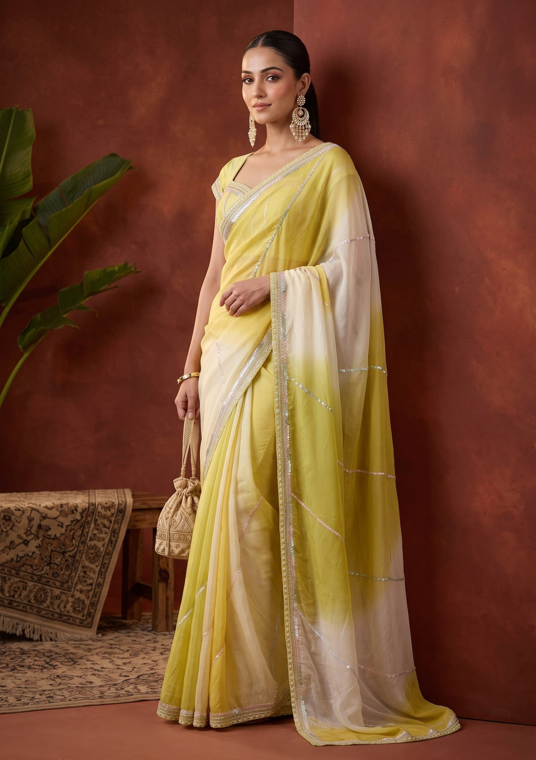Lemon Yellow Sequins Organza Saree