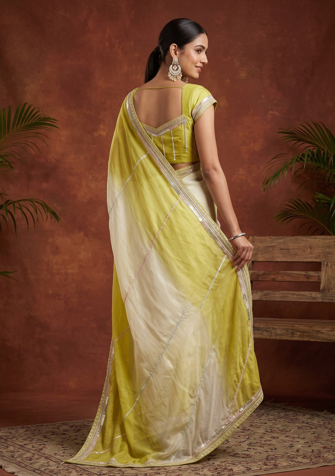 Lemon Yellow Sequins Organza Saree
