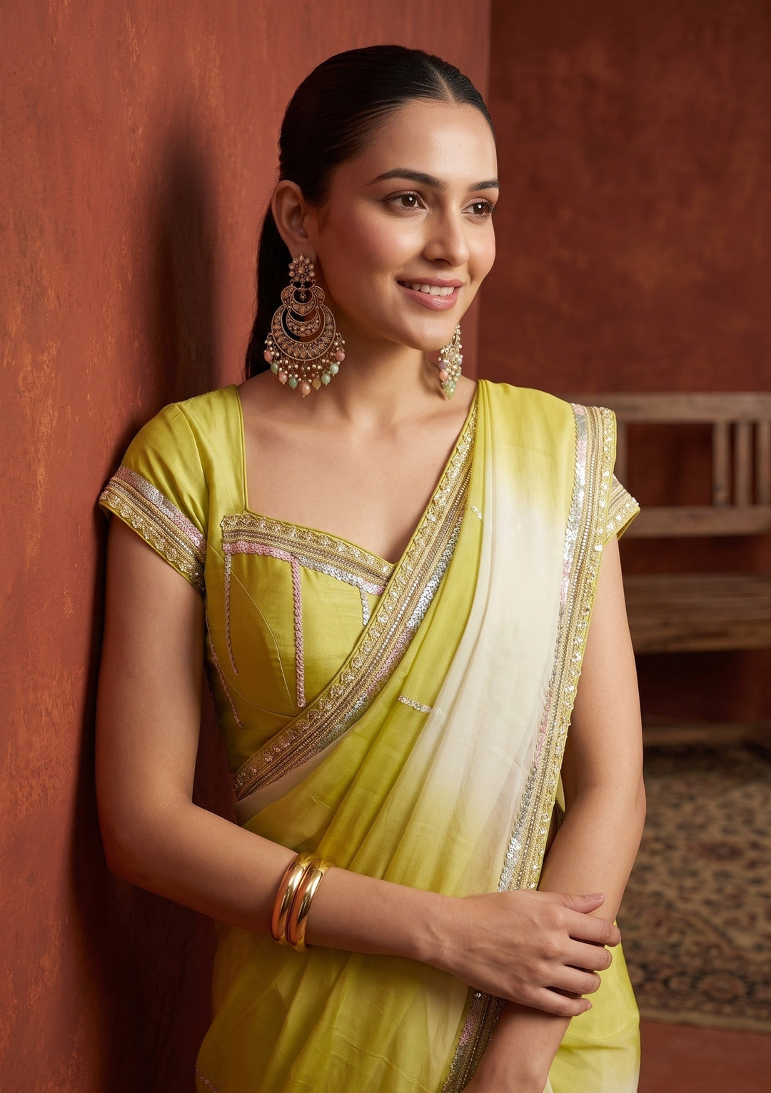 Lemon Yellow Sequins Organza Saree