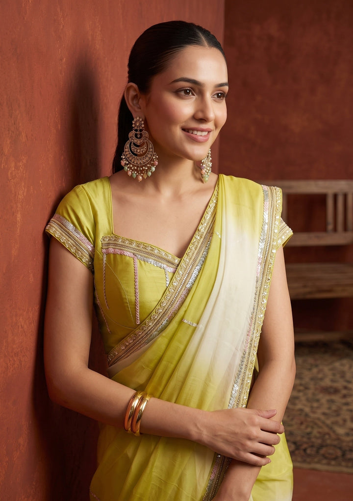 Lemon Yellow Sequins Organza Saree