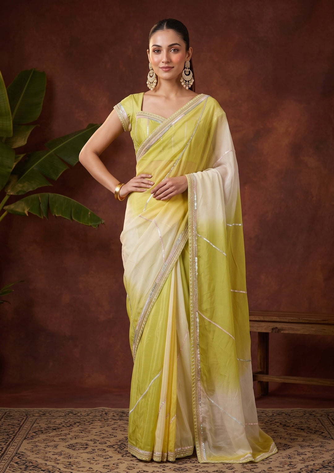 Lemon Yellow Sequins Organza Saree