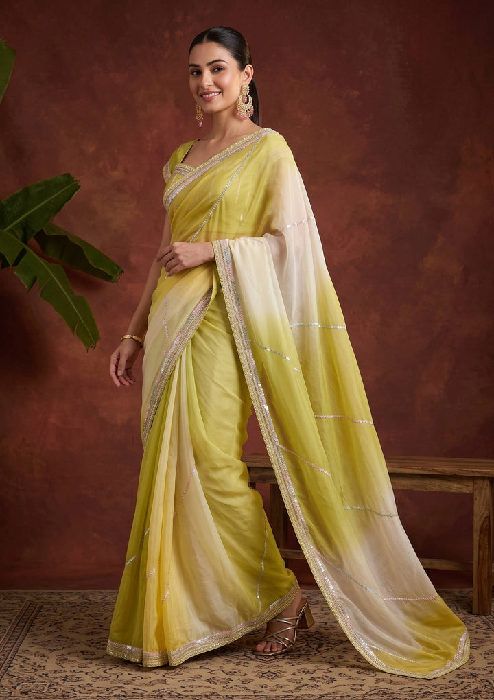 Lemon Yellow Sequins Organza Saree