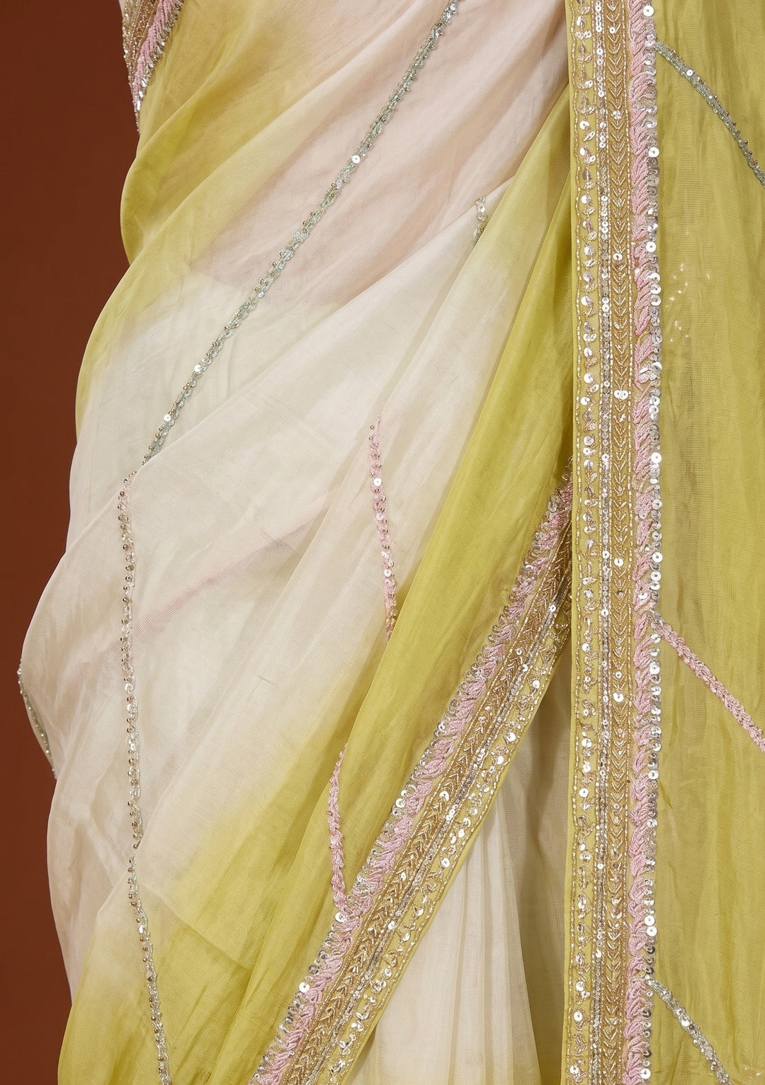 Lemon Yellow Sequins Organza Saree