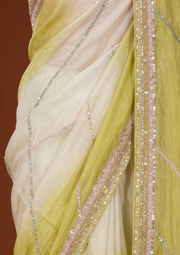 Lemon Yellow Sequins Organza Saree