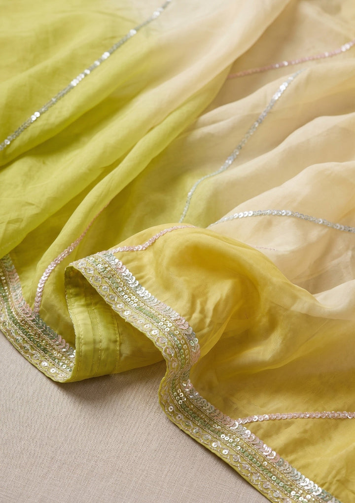 Lemon Yellow Sequins Organza Saree