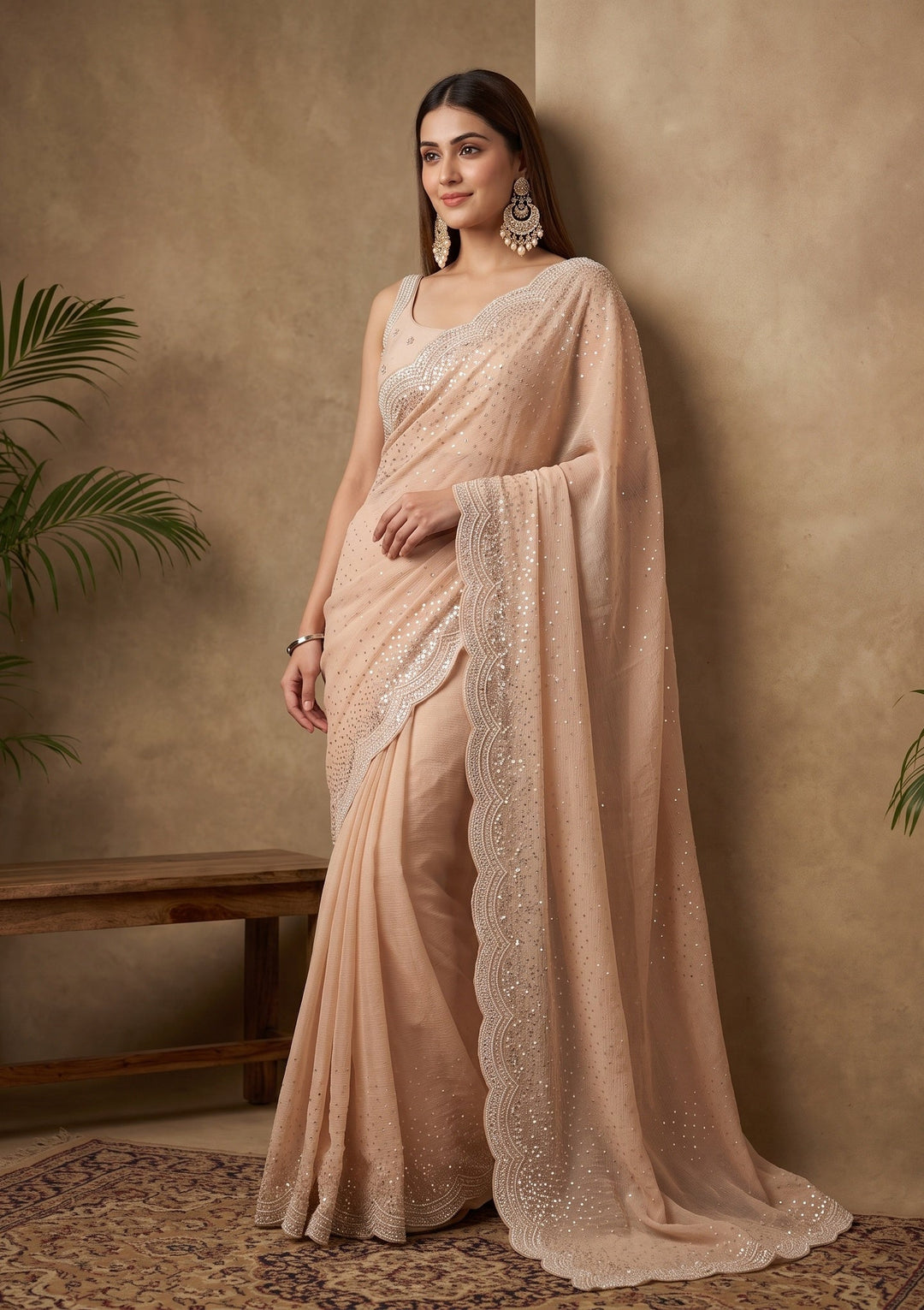Beige Sequins Tissue Saree