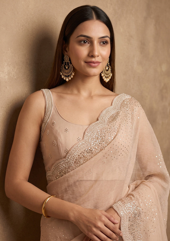 Beige Sequins Tissue Saree
