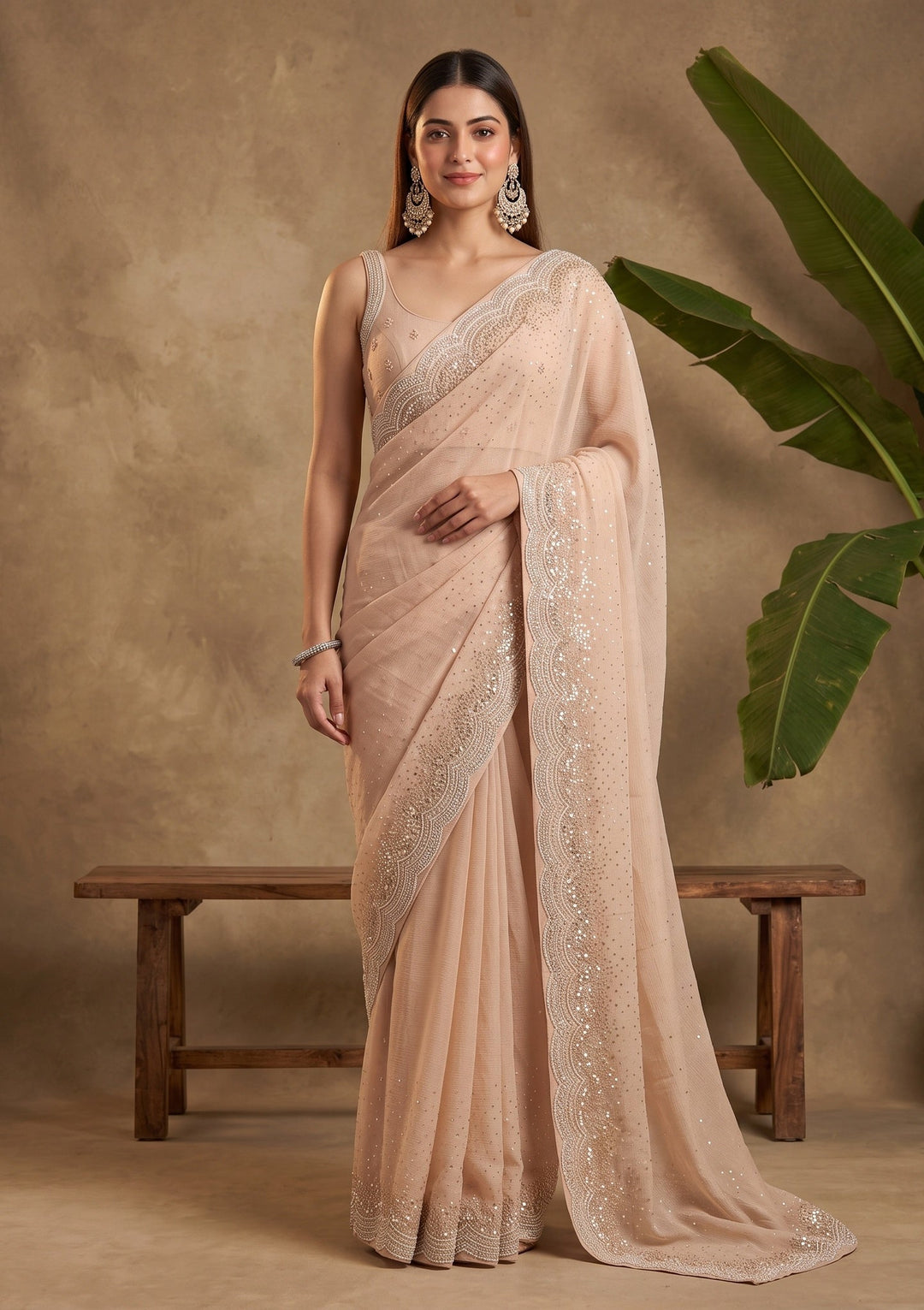 Beige Sequins Tissue Saree