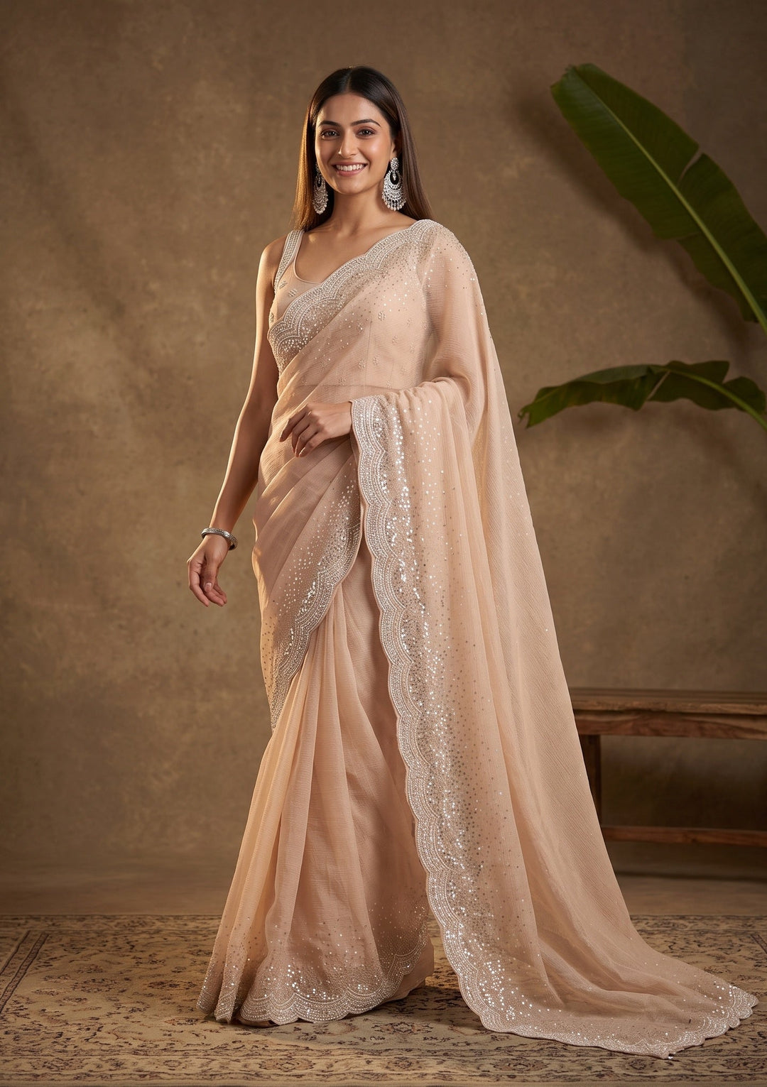 Beige Sequins Tissue Saree