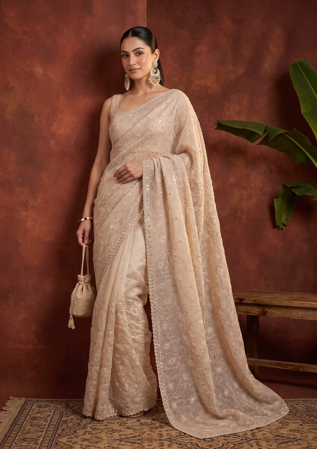 Beige Threadwork Organza Saree
