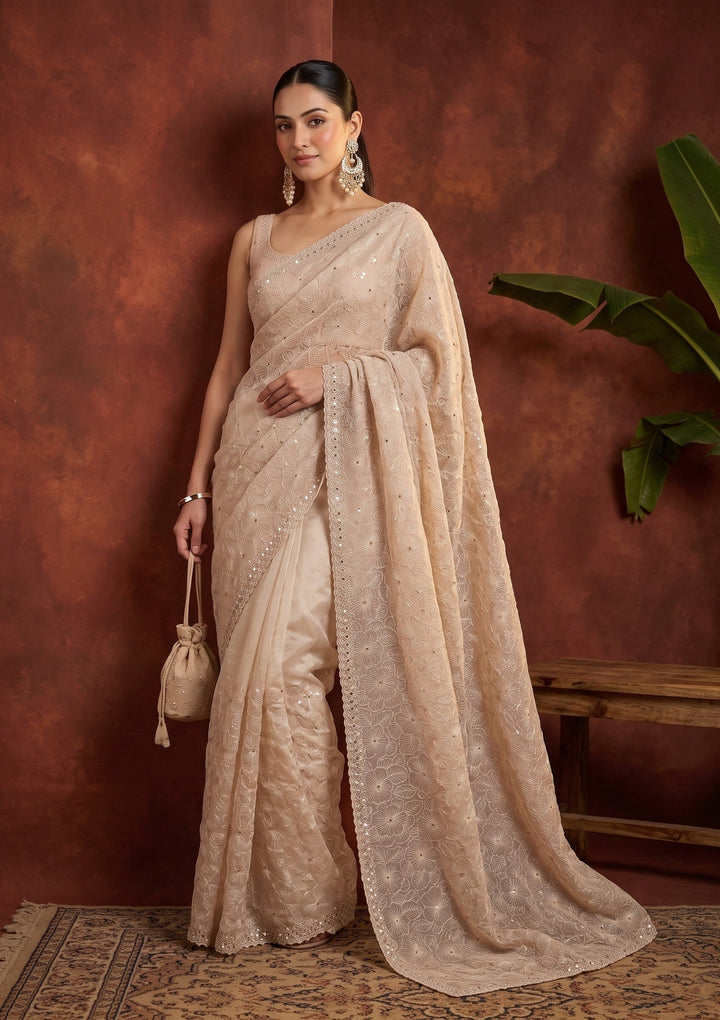 Beige Threadwork Organza Saree