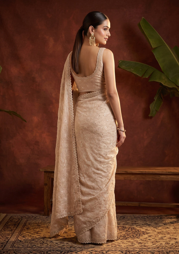 Beige Threadwork Organza Saree