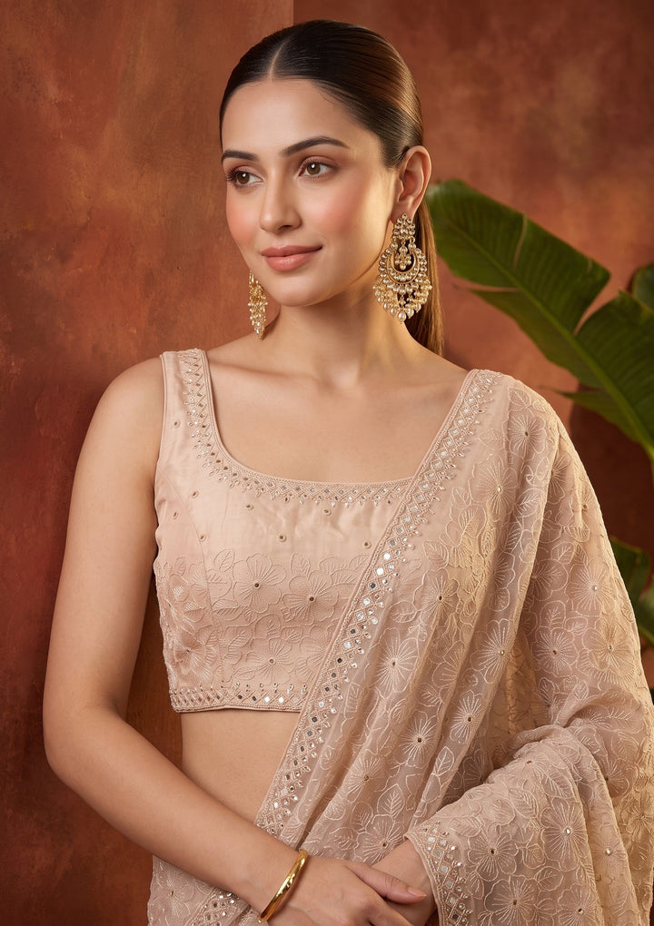 Beige Threadwork Organza Saree