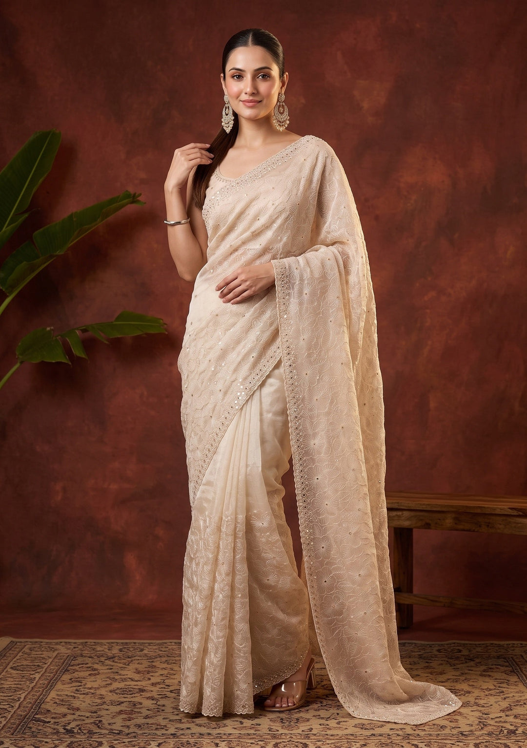 Beige Threadwork Organza Saree