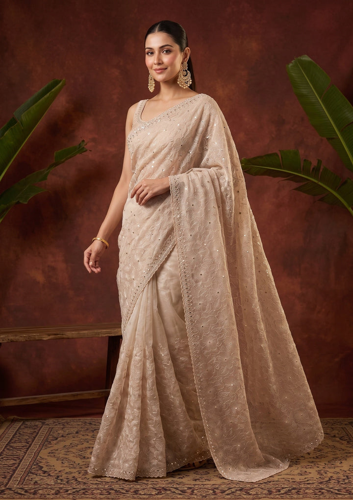 Beige Threadwork Organza Saree