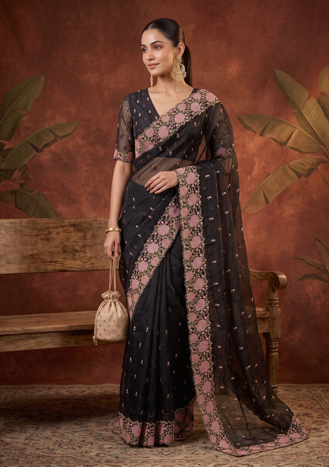 Black Threadwork Tissue Saree