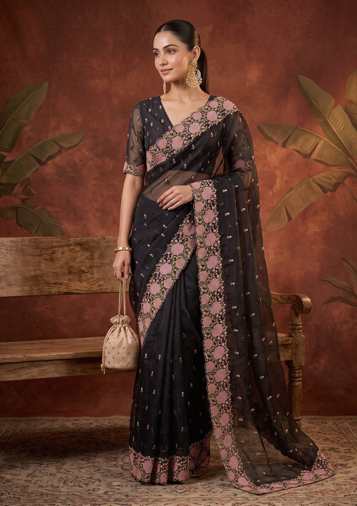 Black Threadwork Tissue Saree