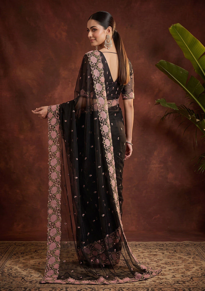 Black Threadwork Tissue Saree