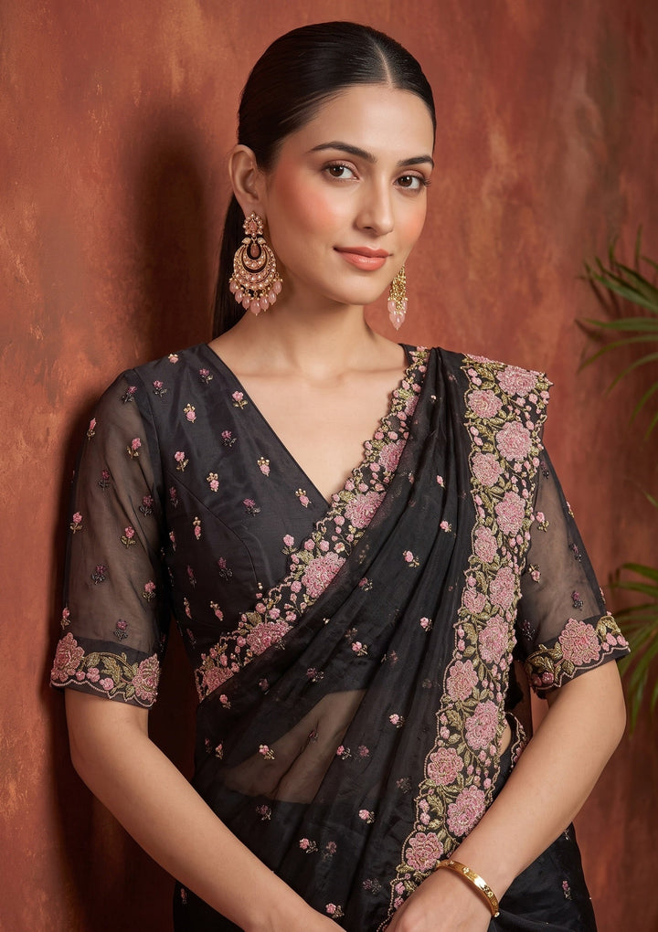 Black Threadwork Tissue Saree