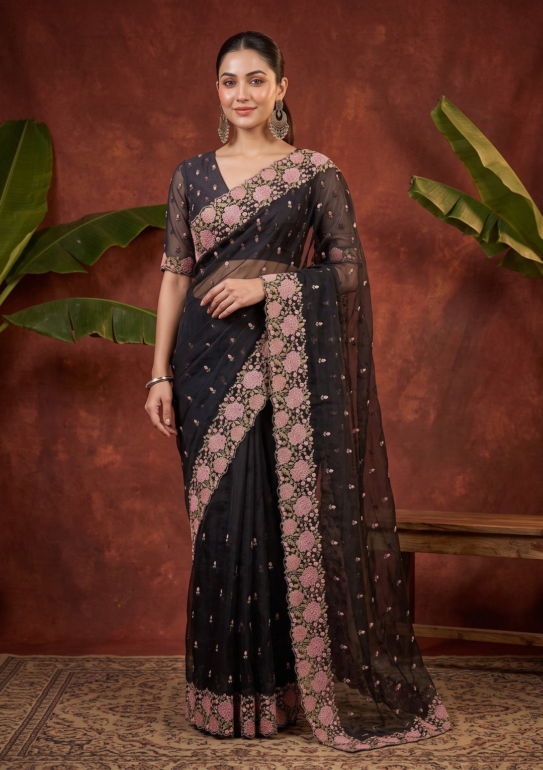 Black Threadwork Tissue Saree