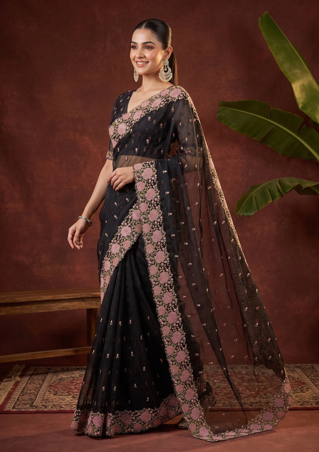 Black Threadwork Tissue Saree