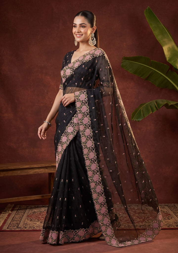 Black Threadwork Tissue Saree
