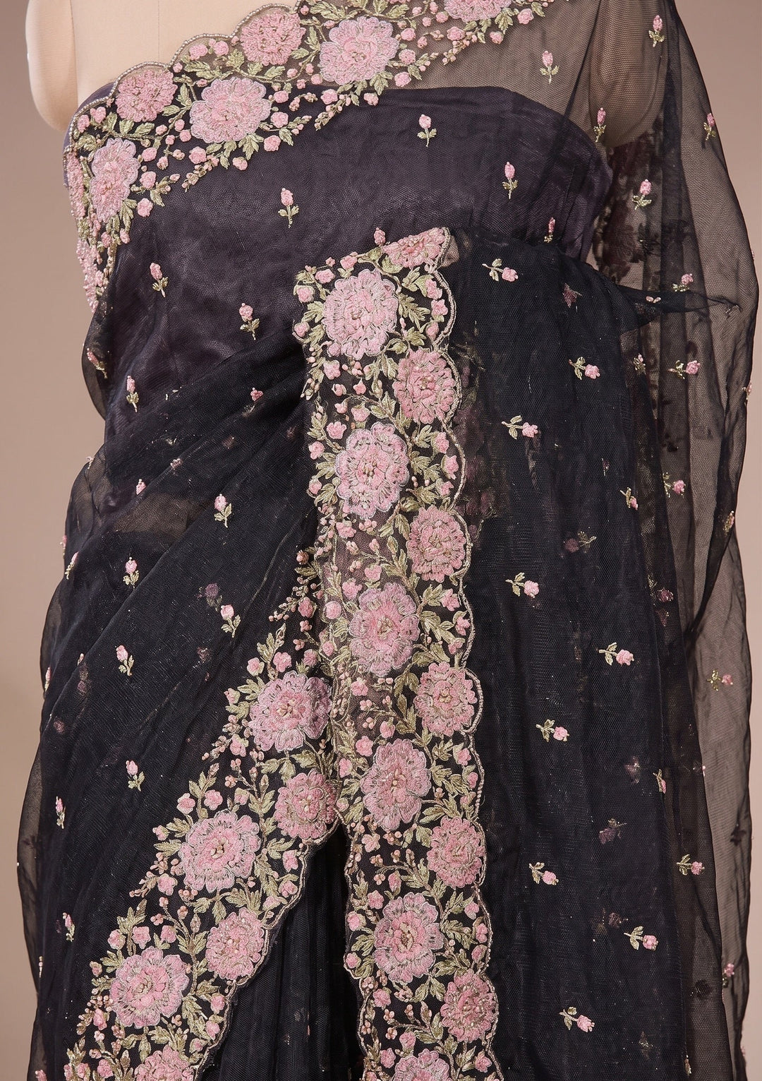 Black Threadwork Tissue Saree