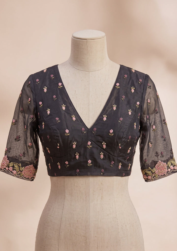 Black Threadwork Tissue Saree