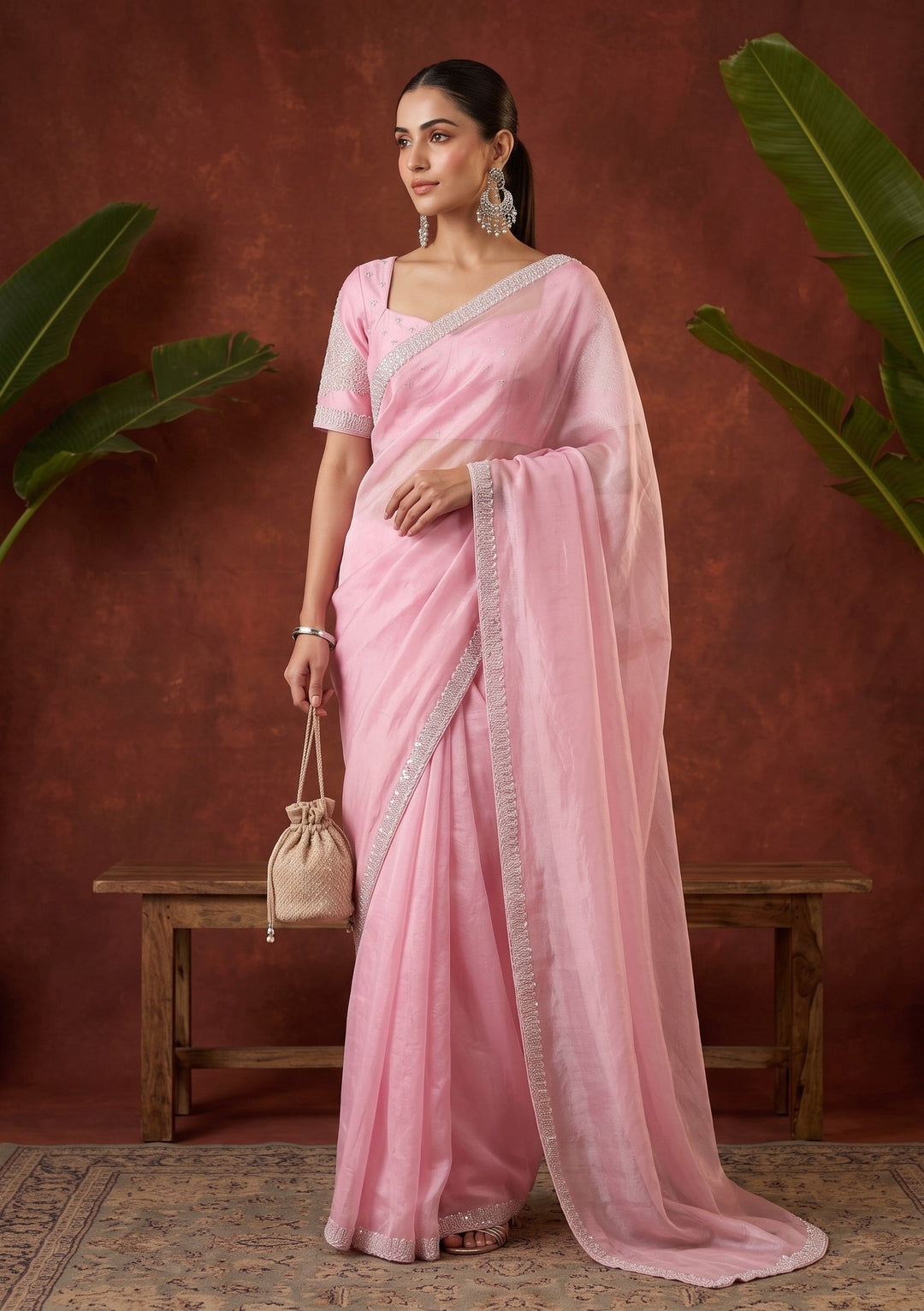 Baby Pink Stonework (Silver) Tissue Saree