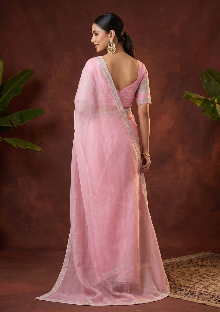Baby Pink Stonework (Silver) Tissue Saree