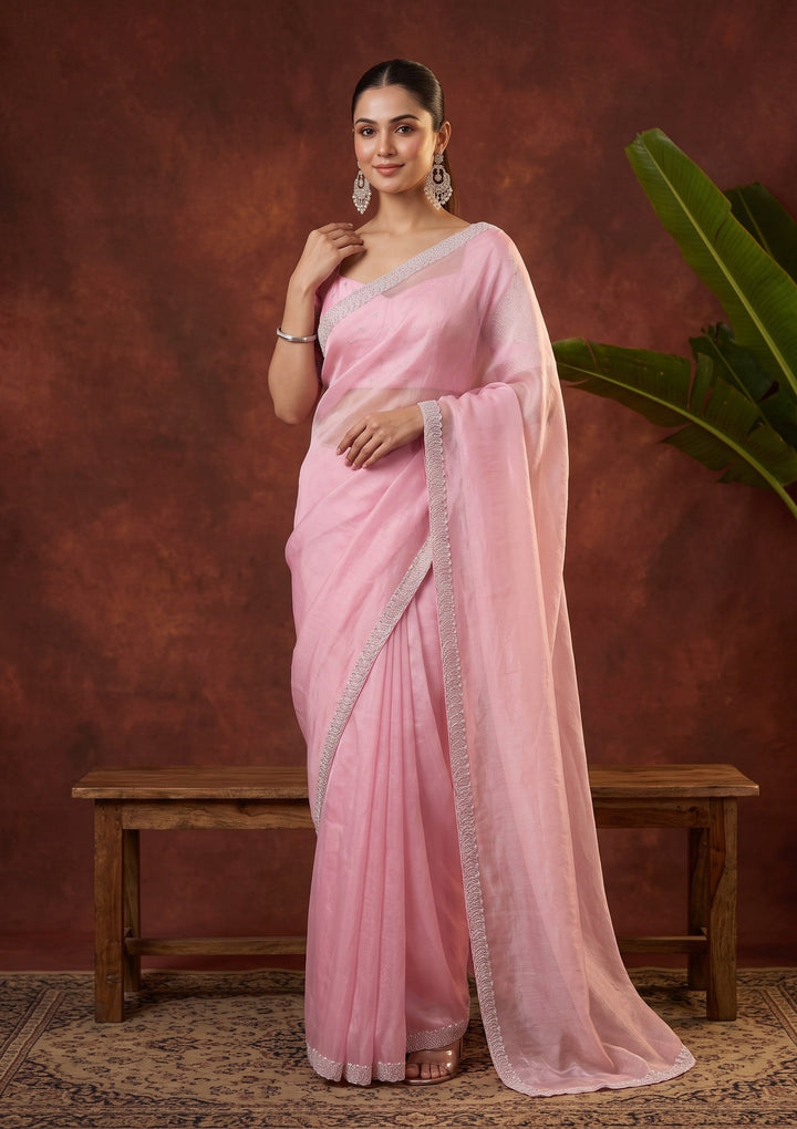 Baby Pink Stonework (Silver) Tissue Saree