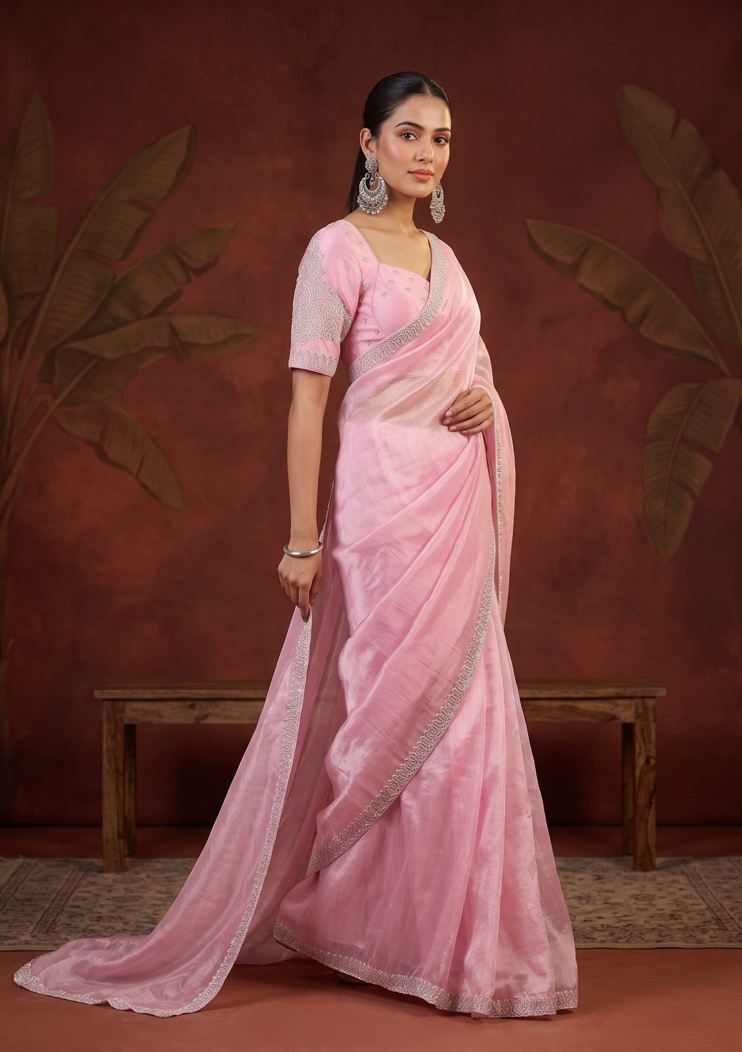Baby Pink Stonework (Silver) Tissue Saree