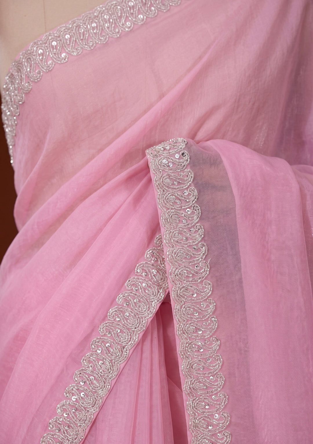 Baby Pink Stonework (Silver) Tissue Saree
