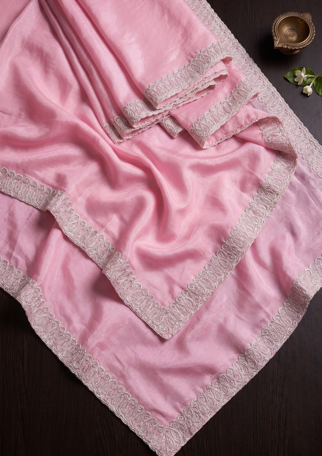 Baby Pink Stonework (Silver) Tissue Saree