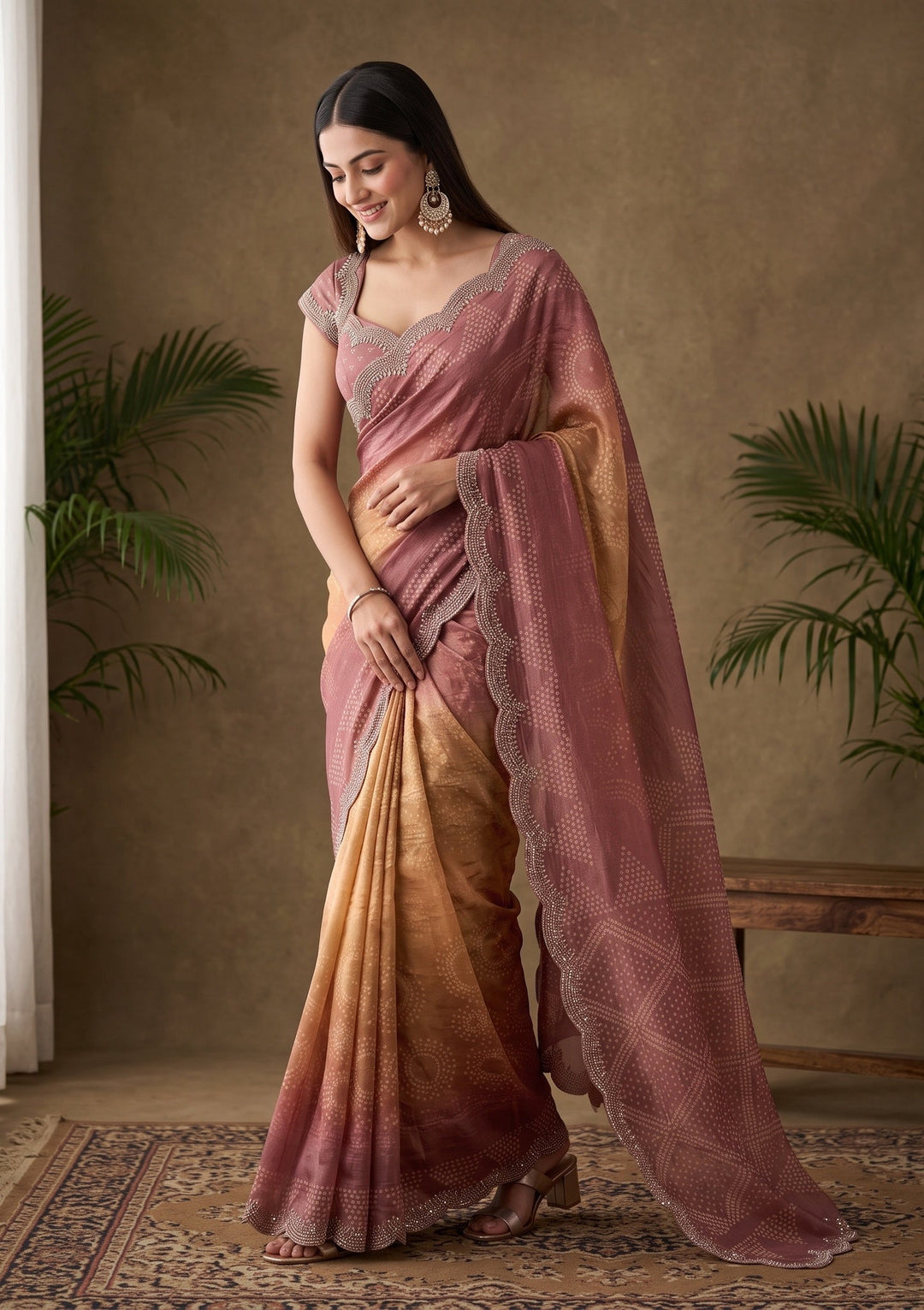 Brown Stonework (Gold) Organza Saree