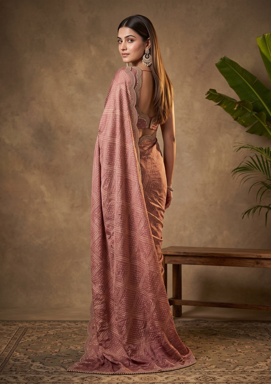 Brown Stonework (Gold) Organza Saree