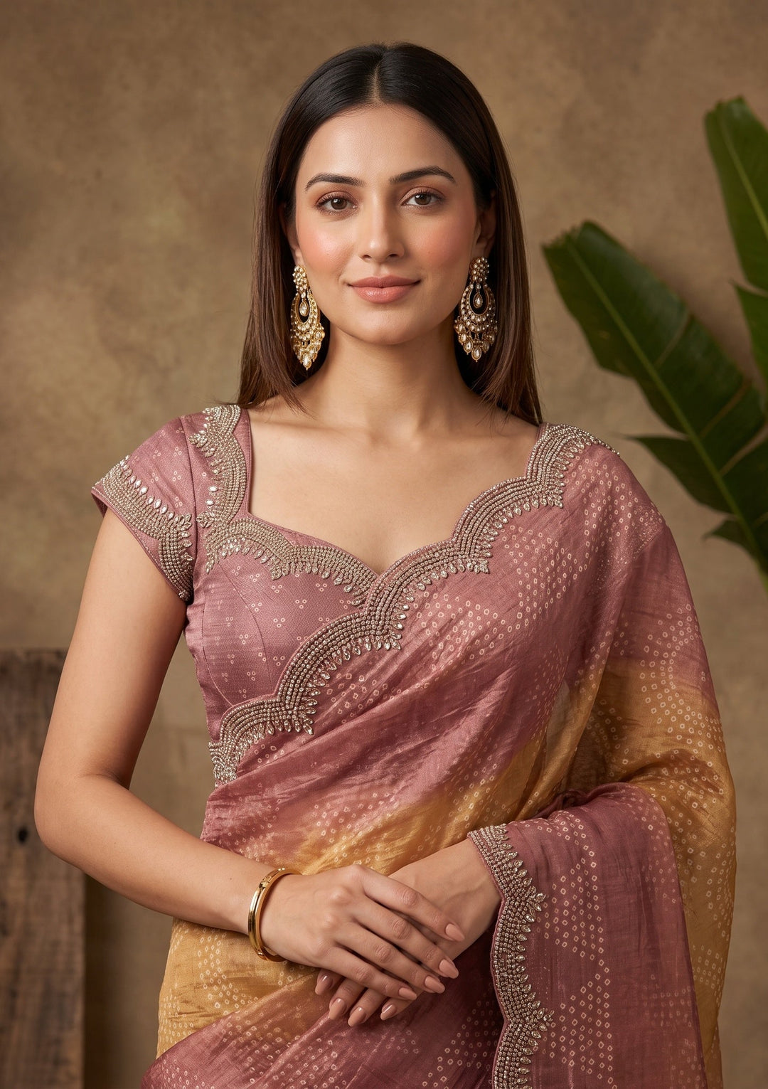 Brown Stonework (Gold) Organza Saree