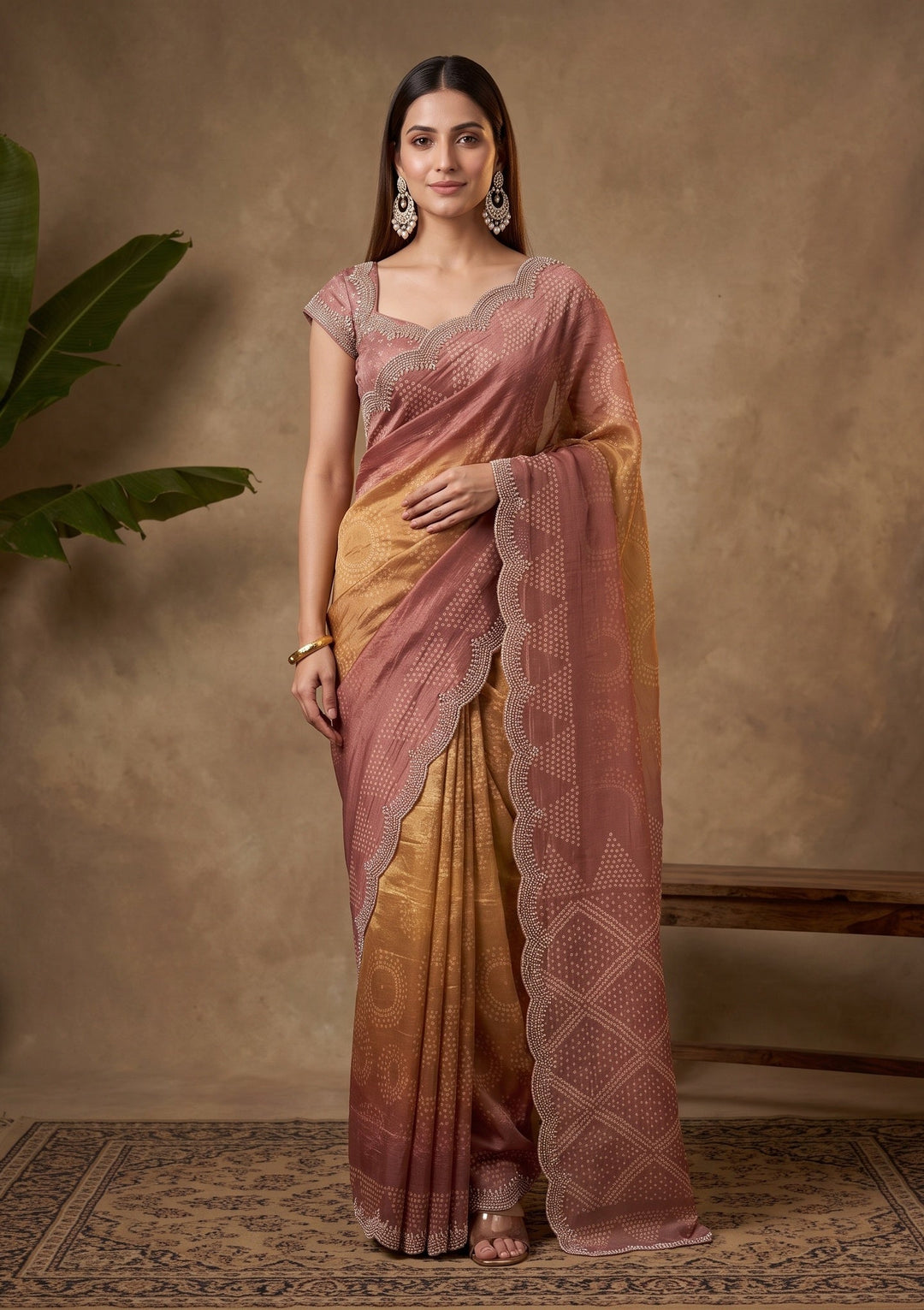 Brown Stonework (Gold) Organza Saree