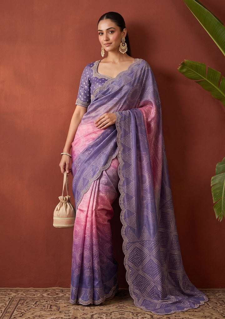 Lavender Stonework (Gold) Organza Saree With Matching Blouse Piece