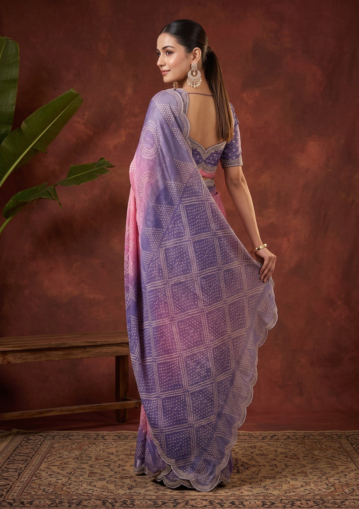 Lavender Stonework (Gold) Organza Saree With Matching Blouse Piece