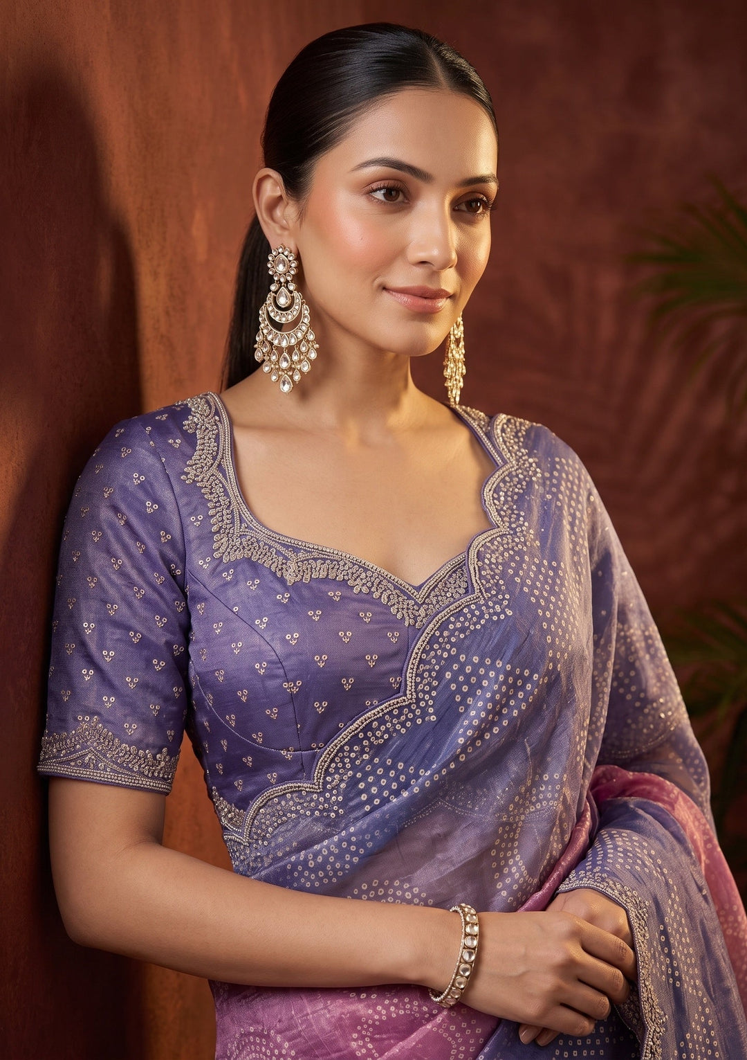 Lavender Stonework (Gold) Organza Saree With Matching Blouse Piece