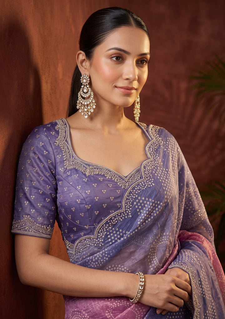 Lavender Stonework (Gold) Organza Saree With Matching Blouse Piece