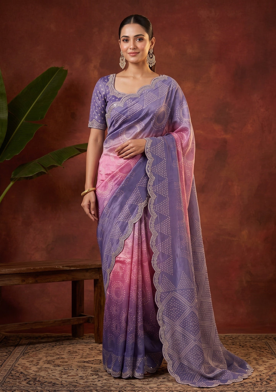 Lavender Stonework (Gold) Organza Saree With Matching Blouse Piece