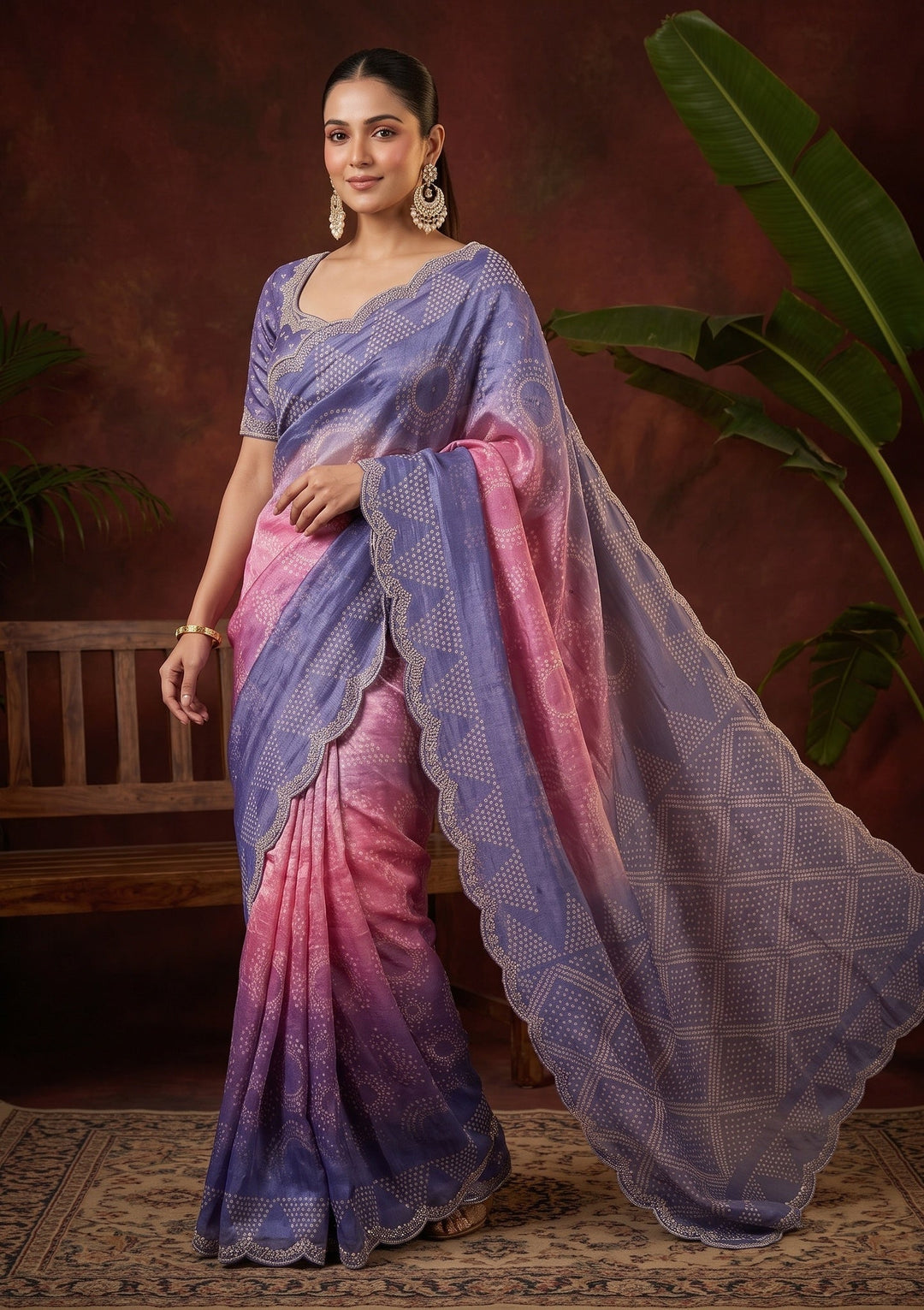 Lavender Stonework (Gold) Organza Saree With Matching Blouse Piece