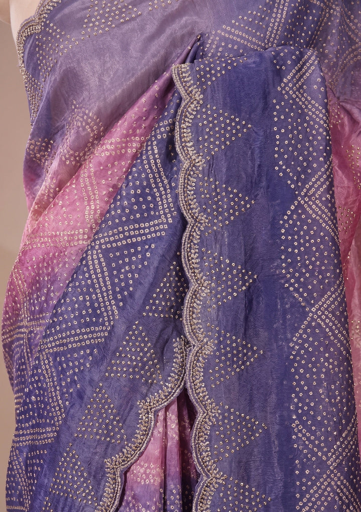 Lavender Stonework (Gold) Organza Saree With Matching Blouse Piece