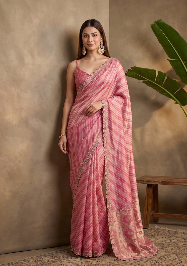 Baby Pink Stonework (Gold) Organza Saree With Matching Blouse Piece