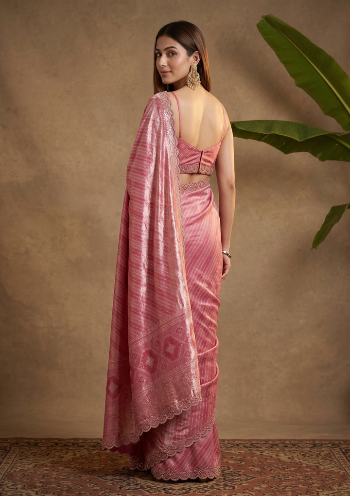 Baby Pink Stonework (Gold) Organza Saree With Matching Blouse Piece