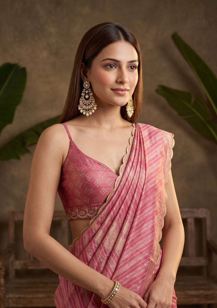 Baby Pink Stonework (Gold) Organza Saree With Matching Blouse Piece