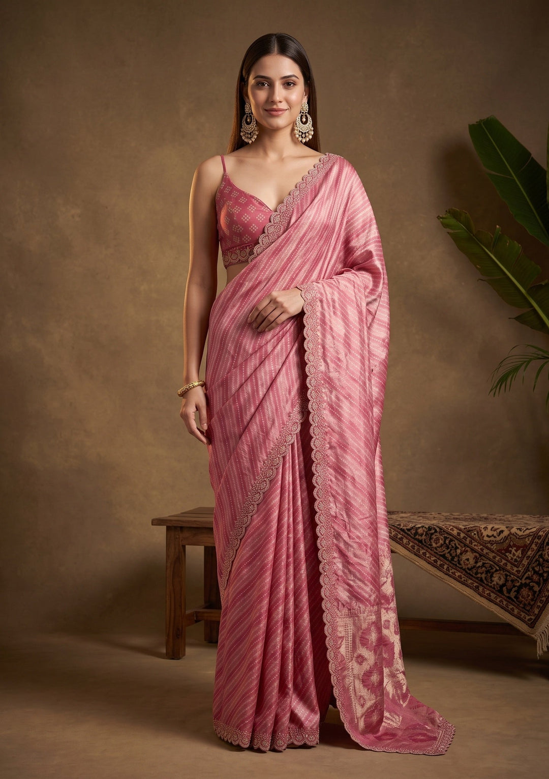 Baby Pink Stonework (Gold) Organza Saree With Matching Blouse Piece