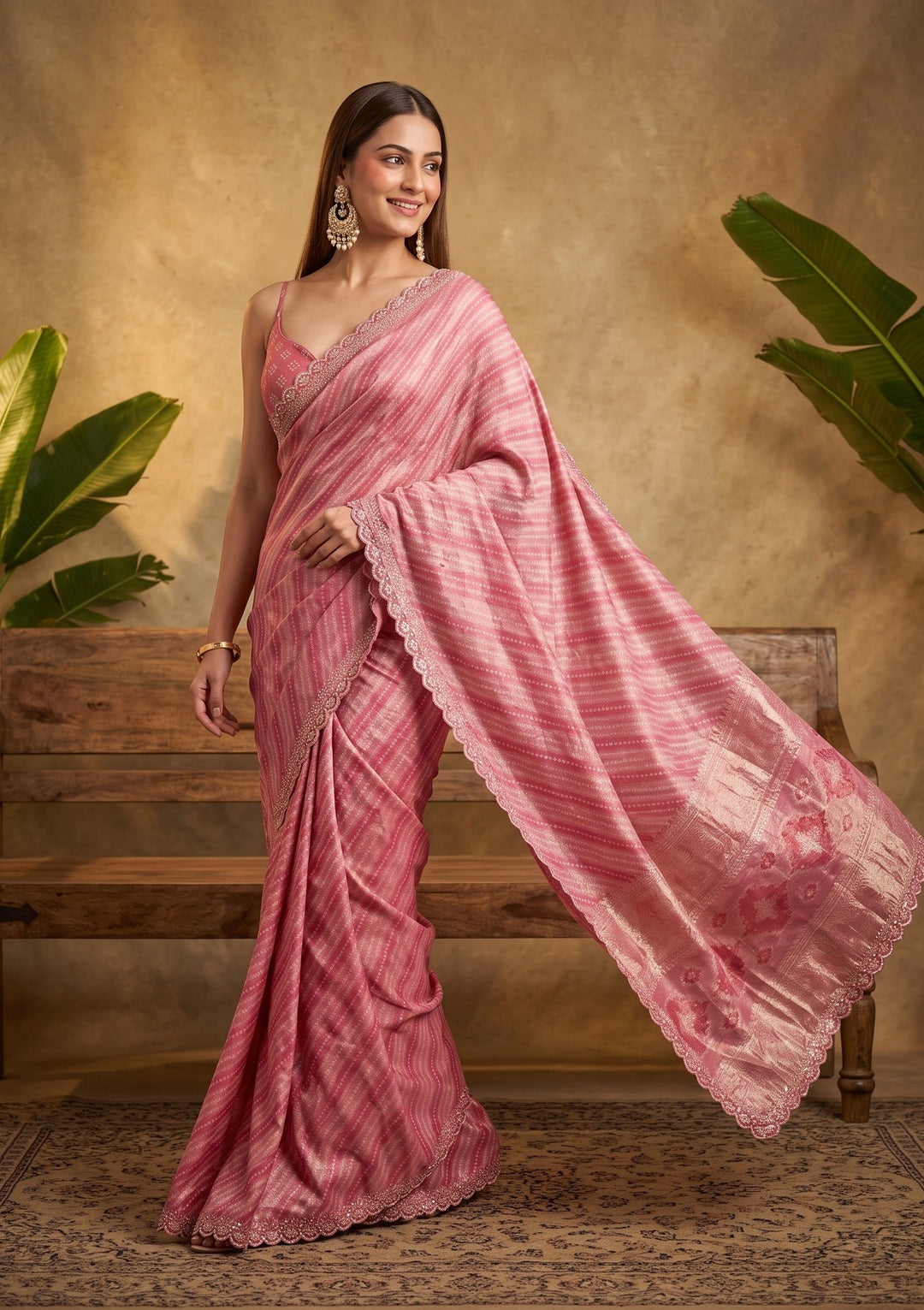 Baby Pink Stonework (Gold) Organza Saree With Matching Blouse Piece